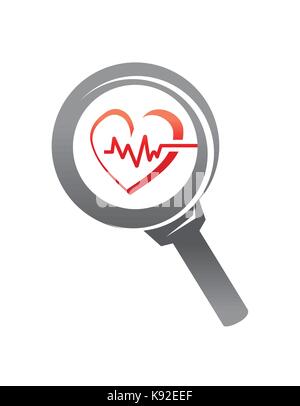 magnifying glass with heart rates illustration, symbol design, isolated on white background. Stock Vector