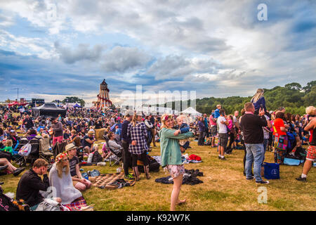 Large audience enjoying the evening music and food at Jimmy's Festival 2017 Stock Photo