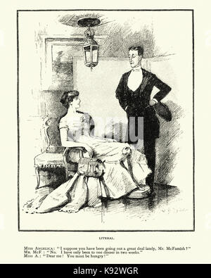 Victorian cartoon of a young couple talking Stock Photo