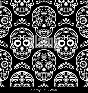 Halloween skull vector seamless pattern, Mexican cute black skulls with bones design, Dia de los Muertos background Stock Vector