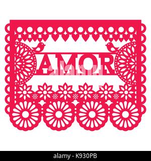 Mexican Papel Picado design - amor vector garland pattern for celebrating Valentine's Day,  wedding Stock Vector