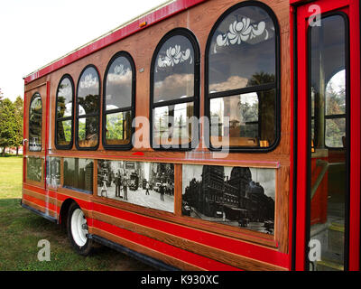 Madison County, New York, USA. September 17, 2017.  Vintage trolley car on display along Route 20 in Madison county , New York outside Hamilton, NY Stock Photo
