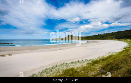 Tropical sandy beach and sea of Atlantic ocean in Spain. Landscape panoramic photo of sandy beach, blue sky and sea. Sand dunes on the coast of northe Stock Photo
