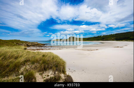 Tropical sandy beach and sea of Atlantic ocean in Spain. Landscape panoramic photo of sandy beach, blue sky and sea. Sand dunes on the coast of northe Stock Photo