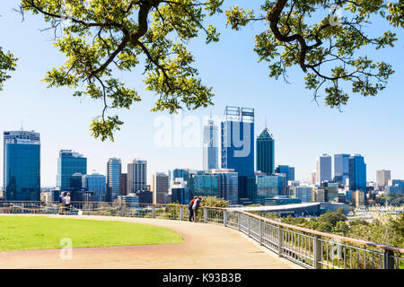 Tree framed view of the Perth city CBD from Kings Park, Western Australia, Australia Stock Photo