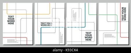 Set of 4 minimal geometric line graphics for background or covers design. Simple poster template in black and colorful lines continue between plate on Stock Vector