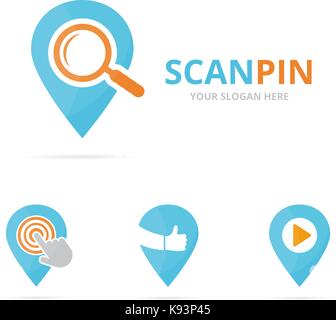 Set of map pointer logo combination. GPS locator and magnifying symbol or icon. Unique pin and search logotype design template. Stock Vector