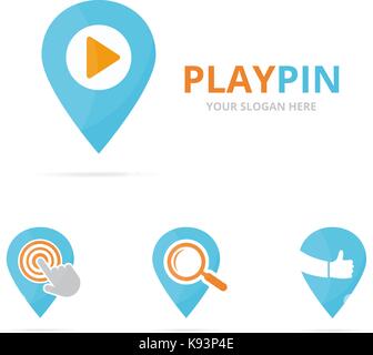 Set of map pointer logo combination. GPS locator and record symbol or icon. Unique pin and audio, video logotype design template. Stock Vector