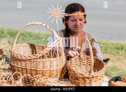 Traditional handmade wicker baskets at street market Stock Photo