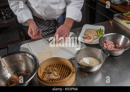 preparation of Dim Sum, Restaurant Allegria, Chef Alexander Tschebull, Hamburg, Germany Stock Photo