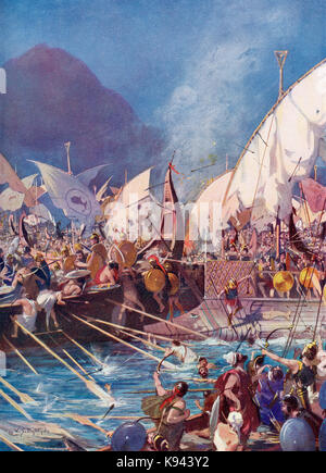 The Battle of Salamis, a naval battle fought between an alliance of Greek city-states under Themistocles and the Persian Empire under King Xerxes in 480 BC.   After the painting by W.S. Bagdatopoulus, (1888-1965).  From Hutchinson's History of the Nations, published 1915. Stock Photo