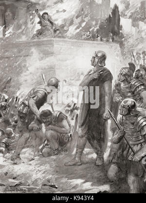 The final destruction of Carthage by the Romans, 146BC.  Hasdrubal, who had escaped from the city, seen here begging for his life at the feet of Scipio who granted him his life but paraded him before the surviving Carthaginians who had taken refuge in the burning temple of Aesculapius.  When his wife witnessed this she threw herself into the flames.  Hasdrubal the Boetharch, Carthaginian general during the Third Punic War.  After the painting by Ambrose Dudley, (1867-1951).  From Hutchinson's History of the Nations, published 1915. Stock Photo