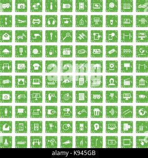 100 multimedia icons set grunge green Stock Vector