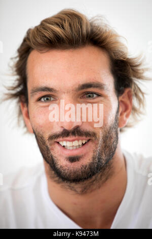 Frederico Morais, Portuguese professional surfer who competes on the World Surfing League, during an interview in Estoril, Portugal. Stock Photo