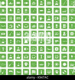 100 music icons set grunge green Stock Vector