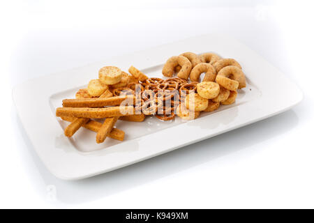 Snack for beer. Different types of crackers Stock Photo