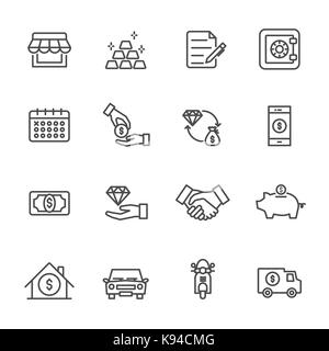 Pawnbroker, pawn shop icons set, Vector illustration of thin line icons for business, banking Stock Vector