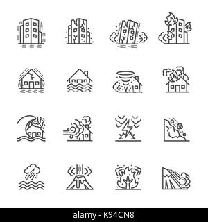 Natural Disaster, Vector illustration of thin line icons for Natural Disaster Contains such Icons as earth quake, flood, tsunami and other Stock Vector