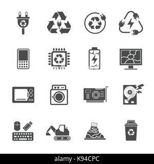 Recycling e-waste garbage, Contains such Icons as Electronic waste, Monitor, Phone, Battery and more. Stock Vector