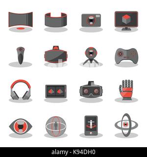 Flat icons for Virtual Reality innovation technologies, AR glasses, VR gaming and tracking device. Stock Vector