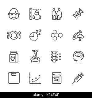 Genetic, nutrition, exercise, lifestyle factors affecting kid's height and bone growth. Vector line icons. Stock Vector
