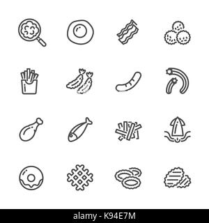 Fried foods and high fat foods leads to obesity. Vector line icons Stock Vector