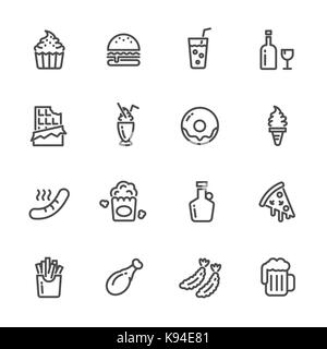 High calorie foods or western diet such as fatty foods, and sugary foods that can cause obesity, vector line icons Stock Vector