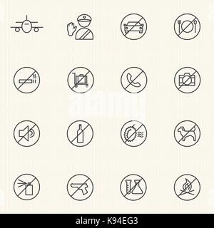Prohibition and items not allowed icons at airport. Line icons. Stock Vector