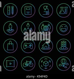 Gradient Rounded Line icons for Virtual Reality innovation technologies. Uses of Virtual Reality. On black background. Stock Vector