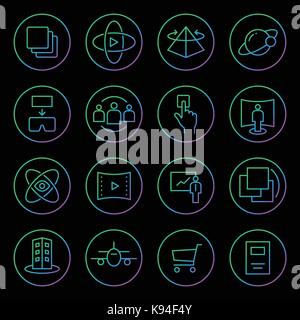 Gradient Rounded Line icons for Virtual Reality innovation technologies. Uses of Virtual Reality. On black background. Stock Vector