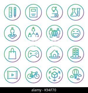 Gradient Rounded Line icons for Virtual Reality innovation technologies. Uses of Virtual Reality. On white background. Stock Vector