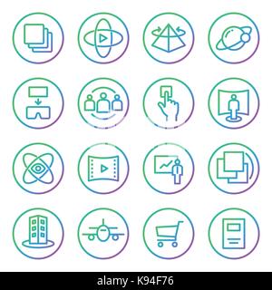Gradient Rounded Line icons for Virtual Reality innovation technologies. Uses of Virtual Reality. On white background. Stock Vector