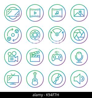 Gradient Rounded Line icons for Virtual Reality innovation technologies. Uses of Virtual Reality. On white background. Stock Vector
