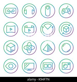 Gradient Rounded Line icons for Virtual Reality innovation technologies. Uses of Virtual Reality. On white background. Stock Vector