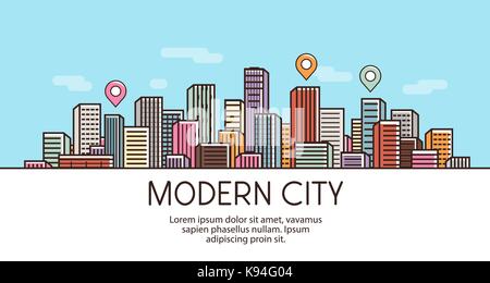 Modern city, banner. Cityscape, urban landscape, town concept. Vector illustration Stock Vector