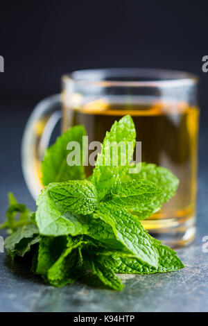 Tasty mint tea. Mint leaves and tea cup. Stock Photo
