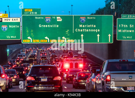 Atlanta, Georgia traffic congestion on the Downtown Connector where I-75 and I-85 are merged through the heart of the city. (USA) Stock Photo