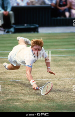 Boris Becker lunges for volley on Centre Court on his way to winning the 1985 Wimbledon Championships. Stock Photo