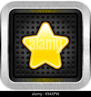 Application icon favorite with gold star and chrome metal frame. Web internet button rounded square shape with perforation texture. Stock Vector