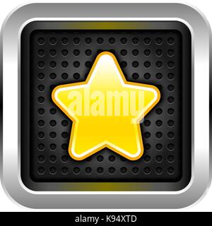 Favorites icon with chrome metal frame. Gold star on web internet button rounded square shape with perforation texture. Vector illustration Stock Vector