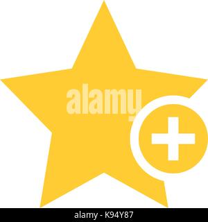 Flat star icon favorite sign bookmark yellow gold button with plus pictogram. Quick and easy recolorable shape isolated from background. Stock Vector