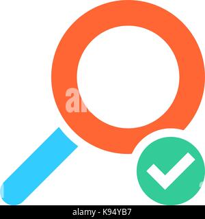 Flat magnifier icon magnifying glass sign loupe button with check mark sign. Quick and easy recolorable shape isolated from background. Stock Vector