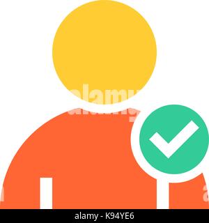 Flat user icon member sign avatar button with check mark pictogram. Quick and easy recolorable shape isolated from background. Vector illustration Stock Vector