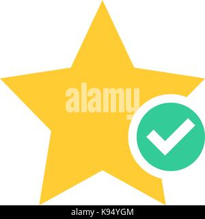 Flat star icon favorite sign bookmark yellow gold button with check mark pictogram. Vector illustration a graphic element for web internet design Stock Vector