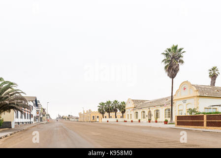 SWAKOPMUND, NAMIBIA - JUNE 30, 2017: A street scene with the Hotel Prinzessin Rupprecht and the Kaserne building in Swakopmund in the Namib Desert on  Stock Photo