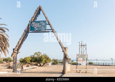 SWAKOPMUND, NAMIBIA - JUNE 30, 2017: Entrance of the Tiger Reef restaurant and bar in Swakopmund in the Namib Desert on the Atlantic Coast of Namibia Stock Photo