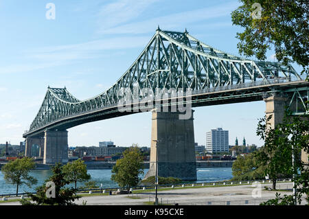 The Pont Jacques-Cartier bridge (2017) crossing the Saint Lawrence River from Ile Sainte-Helene, Montreal, Quebec, Canada Stock Photo