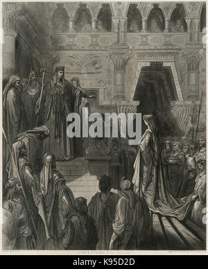 Antique c1880 engraving, The Queen of Sheba Visiting Solomon, drawn by Gustave Dore. SOURCE: ORIGINAL ENGRAVING. Stock Photo