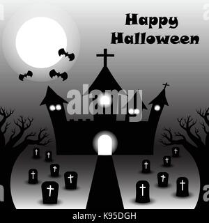 Vector Happy Halloween Night Illustration Of Gray Scale & Silhouette Curved Castle Under The Full Moon With Bats Among Graveyard With Many Tombstones. Stock Vector