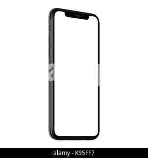 Smartphone mockup similar to iPhone X. New modern black frameless angled CCW smartphone mockup with white screen. Isolated on white background. Stock Photo